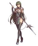  1girl alba armor armpit_peek black_gloves breastplate breasts cleavage covered_navel dress elbow_gloves fingerless_gloves fire_emblem fire_emblem:_seisen_no_keifu full_body fury_(fire_emblem) gloves green_eyes green_hair high_heels highres long_hair looking_at_viewer medium_breasts polearm short_dress shoulder_armor side_slit silver_footwear simple_background solo spear standing straight_hair thighhighs thighs weapon white_background 