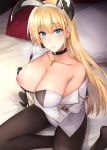 1000000000 1girl animal_ears azur_lane bangs bed bed_sheet black_gloves black_legwear blonde_hair blue_eyes blush breasts bunny_ears bunnysuit choker cleavage closed_mouth collarbone cross earrings eyebrows_visible_through_hair fake_animal_ears floating_hair gloves hair_between_eyes hairband half_gloves heavy_breathing jewelry large_breasts leotard lips long_hair looking_at_viewer nipples north_carolina_(azur_lane) on_bed one_breast_out pantyhose pillow sitting smile solo sweat undressing 