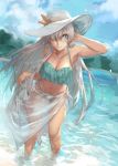  1girl bangs bare_shoulders bikini blue_eyes breasts cecilia_schariac cleavage cloud cloudy_sky commentary_request dutch_angle grey_hair hair_between_eyes hat hat_ribbon highres honkai_(series) honkai_impact_3rd large_breasts long_hair looking_at_viewer mountain peperon_(peperou) ribbon sarong shallow_water sidelocks silver_hair sky smile solo sun_hat swimsuit translucent_sarong very_long_hair 