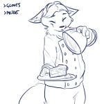  1:1 2019 anthro blue_and_white canid canine cheek_tuft cloche clothed clothing disney english_text eyes_closed food fox gideon_grey hi_res holding_object ittybittykittytittys male mammal monochrome neck_tuft pie plate simple_background smile solo steam text tuft white_background zootopia 
