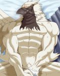 abs anthro avian barely_visible_genitalia barely_visible_penis beak biceps bird blush bodily_fluids breath broken_(artist) clothing covering covering_crotch feathered_wings feathers fundoshi hi_res japanese_clothing looking_at_viewer lying male muscular muscular_male on_back pecs penis red_eyes solo sweat underwear wings 