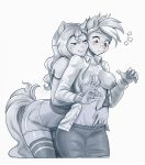  anthro areola bent_over blush bottomwear breast_grab breasts clothed clothing duo equid equine evo_(oc) evomanaphy fan_character female female/female freckles grabbing_from_behind greyscale grope hand_on_breast hi_res horse hug legwear mammal midriff monochrome my_little_pony navel nipples open_shirt pony shorts simple_background skirt socks spot_color 