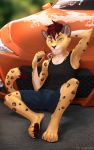  2019 4_toes 5_fingers anthro barefoot black_nose brown_hair car clothed clothing detailed_background digital_media_(artwork) felid fur hair leopard looking_at_viewer lynncore male mammal pantherine sitting smile solo tan_fur toes vehicle 