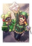  1girl arm_up black_eyes blush_stickers border breasts brown_hair frog from_above full_body gloves gossan hair_between_eyes hat holding holding_microphone medium_breasts microphone midorikawa_kero netnavi open_mouth outside_border pinky_out rockman rockman_exe short_hair sitting smile toadman.exe white_border white_gloves 