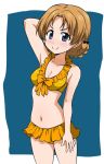  1girl arm_behind_head bikini bikini_skirt blonde_hair blue_background blue_eyes blush braid breasts closed_mouth collarbone frilled_bikini frills girls_und_panzer hair_ornament hair_ribbon ken_(haresaku) looking_at_viewer medium_breasts navel orange_pekoe ribbon shiny shiny_hair simple_background smile solo swimsuit swimwear yellow_bikini 