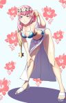  1girl bare_legs bent_over bikini blonde_hair blue_bikini blue_eyes breasts cleavage collarbone earrings eyebrows_visible_through_hair fire_emblem fire_emblem_heroes floral_background flower flower_wreath gradient_hair gunnthra_(fire_emblem) gzo1206 hair_flower hair_ornament hair_tubes hand_in_hair head_wreath highres jewelry leaning_forward lips long_hair looking_at_viewer medium_breasts midriff multicolored_hair navel pink_hair platform_footwear sandals sarong solo standing swimsuit thighs two-tone_hair wet white_footwear 