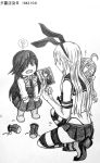  3girls baby baby_carry boots carrying child child_carry cross-laced_footwear dress graphite_(medium) hair_over_one_eye hair_ribbon halterneck hayashimo_(kantai_collection) kantai_collection kiyoshimo_(kantai_collection) lace-up_boots long_hair mechanical_pencil multiple_girls neobandle pacifier pantyhose pencil photo_(object) ribbon school_uniform shimakaze_(kantai_collection) simple_background traditional_media translation_request very_long_hair white_background younger yuugumo_(kantai_collection) 