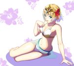  1girl alternate_costume armpits bare_legs barefoot bikini blonde_hair breasts cleavage earrings eyebrows_visible_through_hair fire_emblem fire_emblem_heroes fjorm_(fire_emblem_heroes) floral_background full_body gzo1206 jewelry legs_together looking_at_viewer midriff multicolored_hair navel sarong see-through silver_hair sitting solo sweat swimsuit two-tone_hair white_bikini 