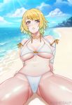  1girl alternate_costume artist_name ass_visible_through_thighs asymmetrical_bangs bangs beach bikini blonde_hair blue_eyes blush breasts choker cleavage cloud cloudy_sky collarbone day fire_emblem fjorm_(fire_emblem_heroes) koshio large_breasts lips midriff navel ocean outdoors short_hair side-tie_bikini sitting skindentation sky solo spread_legs sunlight swimsuit thighs white_bikini 