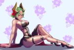  1girl alternate_costume armpits black_footwear black_swimsuit breasts cleavage eyebrows_visible_through_hair fire_emblem fire_emblem_heroes floral_background flower full_body green_hair gzo1206 hair_flower hair_ornament horn_ornament knee_up laegjarn_(fire_emblem_heroes) light_brown_hair looking_at_viewer medium_breasts multicolored_hair open_mouth platform_footwear red_eyes sandals sarong short_hair sitting smile solo sweat swimsuit thigh_strap thighs two-tone_hair 