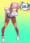  1girl aina_ardebit breasts gloves hand_on_hip highres kuroda_matsurika large_breasts midriff open_mouth pink_hair promare shorts side_ponytail speech_bubble suspenders thighhighs 