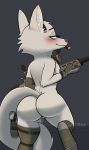  2019 absurd_res anthro arctic_fox blue_eyes blush bodily_fluids butt canid canine clothing disney elbow_tufts female fox genital_fluids gloves grey_background gun half-closed_eyes handgun handwear head_tuft headgear headphones headset hi_res holding_object holding_weapon holster looking_back mammal mostly_nude neck_tuft pawpads pistol pussy pussy_juice pussy_juice_string ranged_weapon rear_view rifle signature simple_background skye_(zootopia) sniper_rifle solo toeless_shoes tuft weapon yitexity zootopia 
