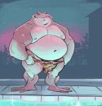  2019 3_toes amphibian anthro barazoku belly biceps bodily_fluids bracelet clothing dramamine drooling frog genital_fluids hi_res jewelry loincloth looking_at_viewer male navel nipples overweight overweight_male penis precum saliva sky solo swimming_pool toes tree 