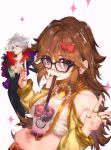  1boy 1girl belly blue_eyes blush breasts brown_eyes brown_hair cleavage closed_mouth collarbone cup drinking drinking_straw eyebrows_visible_through_hair fate/grand_order fate_(series) ganesha_(fate) glasses highres jewelry karna_(fate) large_breasts long_hair looking_at_viewer navel nijimaarc plump ring short_hair smile white_hair 