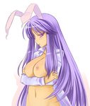  animal_ears bad_id bad_pixiv_id blush breast_hold breasts bunny_ears chiha_(abo_ecm_mk25) colored_eyelashes crossed_arms eyelashes highres huge_breasts long_hair navel nipples open_clothes open_shirt pink_eyes purple_hair red_eyes reisen_udongein_inaba shirt simple_background solo standing touhou 