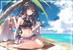  1girl absurdres arcaea bare_arms bare_legs bare_shoulders barefoot beach beach_mat black_hair black_neckwear black_ribbon blue_eyes blue_flower blue_hair blue_sky bow bowtie breasts cloud commentary_request crop_top day flower hair_ribbon head_tilt highres holding horizon huge_filesize k-doku long_hair looking_at_viewer medium_breasts midriff miniskirt multicolored_hair navel ocean orange_flower outdoors palm_tree parted_lips pink_flower ribbon signature sitting skirt sky sleeveless solo stomach tairitsu_(arcaea) thighs towel tree two-tone_hair very_long_hair wariza water 