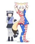  2girls :o american_flag_dress american_flag_legwear animal_ear_fluff animal_ears arms_behind_back arms_up artist_name bangs black_footwear black_hair black_neckwear black_skirt blonde_hair bow bowtie brown_eyes clownpiece clownpiece_(cosplay) commentary commission common_raccoon_(kemono_friends) cosplay dress elbow_gloves english_commentary extra_ears eyebrows_visible_through_hair fennec_(kemono_friends) flying_sweatdrops fox_ears fox_tail full_body fur_collar gloves grey_hair hair_between_eyes highres kemono_friends looking_at_viewer multicolored_hair multiple_girls pantyhose puffy_short_sleeves puffy_sleeves raccoon_ears raccoon_tail shoes short_hair short_sleeves simple_background skirt smile standing striped_tail tail touhou twitter_username two-tone_hair vibrantrida white_background white_hair 