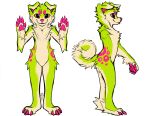  2019 ambiguous_gender anthro canid canine canis chest_tuft digital_media_(artwork) falvie fur green_fur looking_at_viewer mammal open_mouth pink_eyes pink_fur pink_nose simple_background smile solo tongue tongue_out tuft white_fur wrist_tuft yellow_sclera 