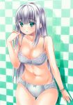  1girl bangs blush bow bow_bra bow_panties bra bracelet breasts checkered checkered_background cleavage collarbone cowboy_shot eyebrows_visible_through_hair green_eyes groin jewelry leaning_forward long_hair looking_at_viewer medium_breasts navel original panties parted_lips pastel_(medium) ribbon shiny shiny_hair silver_hair solo standing straight_hair thigh_gap traditional_media underwear underwear_only very_long_hair white_ribbon yuto_takumi 