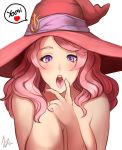  1girl absurdres black_clover blush breasts cleavage face hat heart highres kirani large_breasts looking_at_viewer naughty_face nude oral_invitation pink_hair purple_eyes solo speech_bubble text_focus tongue tongue_out upper_body vanessa_enoteca witch_hat 