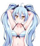  1girl ahoge armpits arms_behind_head arms_up artist_name bangs bare_arms bare_shoulders bikini blue_bikini blue_hair breasts brown_eyes chrisandita cleavage collarbone front-tie_bikini front-tie_top hair_between_eyes hair_ribbon halterneck king&#039;s_raid long_hair looking_at_viewer navel ribbon simple_background small_breasts solo sonia_(king&#039;s_raid) star stomach striped striped_bikini swimsuit twintails upper_body very_long_hair white_background 