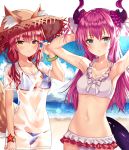  2girls absurdres animal_ear_fluff animal_ears asymmetrical_horns bare_shoulders bikini blue_bikini blue_eyes blush breasts cleavage collarbone curled_horns dragon_girl dragon_horns dragon_tail ears_through_headwear elizabeth_bathory_(fate) elizabeth_bathory_(fate)_(all) eyebrows_visible_through_hair fate/extra fate/extra_ccc fate/grand_order fate_(series) fox_ears fox_girl fox_tail groin hand_in_hair hat highres horns huge_filesize large_breasts looking_at_viewer multiple_girls navel ocean pink_hair pointy_ears shaffelli shirt side-tie_bikini small_breasts smile straw_hat swimsuit swimsuit_under_clothes tail tamamo_(fate)_(all) tamamo_no_mae_(swimsuit_lancer)_(fate) wet wet_clothes wet_shirt wet_t-shirt yellow_eyes 
