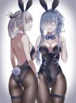  2girls ak-12_(girls_frontline) an-94_(girls_frontline) animal_ears ass bangs black_legwear black_leotard blue_eyes breasts bunny_ears bunny_tail bunnysuit closed_eyes closed_mouth cowboy_shot detached_collar eyebrows_visible_through_hair fake_animal_ears fake_tail folded_ponytail girls_frontline gradient gradient_background hairband highres lemode leotard long_hair looking_at_viewer medium_breasts multiple_girls pantyhose parted_lips ribbon sidelocks silver_hair simple_background smile tail thigh_strap very_long_hair wavy_hair 