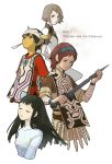  bandages black_hair breasts brown_hair commentary_request dress highres horns ico ico_(character) long_hair mono multiple_boys multiple_girls poncho shadow_of_the_colossus short_hair silver_hair surcoat sword tabard wander weapon yorda yukihiko 