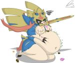  2019 armor belly big_belly breasts canid canine deep_navel digital_media_(artwork) dullpoint female food food_play fur gluttony hi_res holding_object holding_weapon legendary_pok&eacute;mon mammal melee_weapon messy navel nintendo obese overweight pok&eacute;mon pok&eacute;mon_(species) simple_background solo sword video_games weapon zacian 