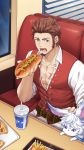  1boy 47_(479992103) beard belt blue_eyes brown_hair chest creature eating facial_hair fate/grand_order fate_(series) food fou_(fate/grand_order) highres hot_dog male_focus muscle napoleon_bonaparte_(fate/grand_order) pants pectorals purple_eyes scar sitting solo 
