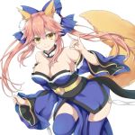  1girl animal_ears bb_(fate)_(all) bb_(fate/extra_ccc) blue_bow blue_kimono blue_legwear blue_sleeves bow breasts choker cleavage closed_mouth collarbone detached_sleeves eyebrows_visible_through_hair fate/extra fate/extra_ccc fate_(series) floating_hair fox_ears fox_tail hair_between_eyes hair_bow japanese_clothes kimono large_breasts leg_up long_hair long_sleeves looking_at_viewer pink_hair shiny shiny_hair side_slit simple_background smile solo standing standing_on_one_leg strapless tail thighhighs tm-pika very_long_hair white_background yellow_eyes 
