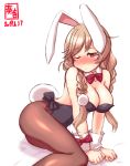  1girl alternate_costume animal_ears artist_logo black_leotard blush bow bowtie braid breasts brown_eyes brown_legwear bunny_ears bunny_tail bunnysuit cleavage cloud_hair_ornament commentary_request dated detached_collar gradient_hair highres kanon_(kurogane_knights) kantai_collection large_breasts leotard light_brown_hair long_hair looking_at_viewer minegumo_(kantai_collection) multicolored_hair one_eye_closed pantyhose red_eyes red_neckwear simple_background solo strapless strapless_leotard tail twin_braids white_background wrist_cuffs 
