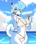  anthro beverage bikini breasts canid canine clothing female hi_res looking_at_viewer mammal munks_(artist) nipple_outline smile solo standing swimwear wide_hips 