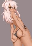  1girl ass bikini black_bikini_bottom blush breasts chloe_von_einzbern commentary_request dark_skin eyebrows_visible_through_hair fate/grand_order fate/kaleid_liner_prisma_illya fate_(series) from_behind from_below grey_background hair_between_eyes hair_bun long_hair looking_at_viewer micro_bikini nipples pink_hair side-tie_bikini simple_background small_breasts solo spread_ass swimsuit topless toshishikisai 