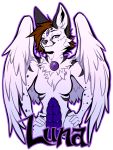  2019 3:4 alpha_channel anthro black_fur breasts brown_hair falvie feathered_wings feathers featureless_breasts featureless_crotch felid feline female fur hair mammal piercing purple_eyes scales serval simple_background smile solo transparent_background white_fur wings 