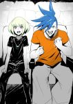  2boys absurdres blonde_hair blue_hair casual clenched_hands galo_thymos highres lio_fotia male_focus movie_theater multiple_boys open_mouth promare purinnssu purple_eyes shirt short_hair smile spiked_hair t-shirt 