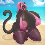  1:1 anthro beach big_breasts bikini breasts camel_toe clothing eyewear felid feline female fishnet glasses hi_res huge_breasts hyper hyper_breasts kneeling legwear looking_at_viewer makeup mammal nipple_outline outside seaside small_head smile solo suika-x swimwear thick_thighs thigh_highs 