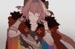  1boy astolfo_(fate) bangs black_bow blush bow braid cape closed_eyes eyebrows_visible_through_hair fate/apocrypha fate/grand_order fate_(series) fur_collar gloves hair_bow hair_intakes hair_ribbon kawacy long_hair male_focus multicolored_hair otoko_no_ko pink_hair rainbow_gradient ribbon single_braid smile solo streaked_hair 