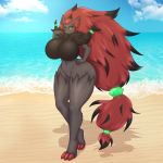  1:1 anthro beach big_breasts breasts curvaceous featureless_breasts featureless_crotch female hi_res huge_breasts looking_at_viewer nintendo nude outside pok&eacute;mon pok&eacute;mon_(species) seaside small_head solo standing suika-x thick_thighs video_games zoroark 