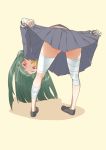  1girl bandaged_fingers bandaged_hands bandaged_leg bandages bangs bent_over blue_serafuku blue_skirt blunt_bangs blunt_ends blush eyebrows_visible_through_hair from_behind full_body green_hair highres holding horns kami_nomi_zo_shiru_sekai lifted_by_self loafers long_hair long_sleeves looking_at_viewer looking_back lune_(kaminomi) neckerchief no_socks open_mouth pleated_skirt red_eyes school_uniform serafuku shiny shiny_hair shoes simple_background skirt skirt_lift solo standing thighs yellow_background yellow_neckwear yuto_(dialique) 