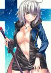  1girl ahoge bangs black_dress black_panties blue_coat blush breasts cleavage coat collarbone cowboy_shot dress eyebrows_visible_through_hair fate/grand_order fate_(series) fur_coat hair_between_eyes holding holding_sword holding_weapon jeanne_d&#039;arc_(alter)_(fate) jeanne_d&#039;arc_(fate)_(all) jewelry large_breasts looking_at_viewer midriff navel necklace open_clothes open_coat panties parted_lips partially_unzipped pastel_(medium) short_dress short_hair silver_hair solo stomach sword thigh_gap traditional_media underwear weapon yellow_eyes yuto_takumi 