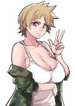  1girl arm_across_waist bare_shoulders bl00d_h00d blonde_hair breasts brown_hair camouflage_jacket cleavage collarbone ear_piercing earrings highres jacket jewelry large_breasts light_smile looking_at_viewer off_shoulder open_clothes open_jacket original piercing short_hair simple_background solo spiked_hair strap_gap stud_earrings tank_top w white_background white_tank_top 