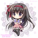  1girl bangs bell black_footwear black_hair black_legwear blush bow breasts character_name chibi closed_mouth commentary_request crossed_arms eyebrows_visible_through_hair frilled_skirt frills hair_between_eyes hair_bow hairband happy_birthday high-waist_skirt jingle_bell long_hair looking_at_viewer magical_charming! medium_breasts one_side_up pantyhose pink_skirt pleated_skirt puffy_short_sleeves puffy_sleeves purple_bow purple_eyes red_bow red_hairband ryuuka_sane shirakano_himeyuri shirt shoes short_sleeves skirt solo standing standing_on_one_leg star twitter_username very_long_hair white_background white_shirt 