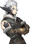  1boy akizone armor black_horns character_request commentary cowboy_shot detached_sleeves final_fantasy final_fantasy_xiv horns leather male_focus scales short_hair simple_background solo white_background white_hair yellow_eyes 