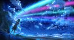  1girl closed_eyes cloud comet guard_rail hair_ribbon highres holding_own_wrist kimi_no_na_wa. miyamizu_mitsuha mountainous_horizon night night_sky pleated_skirt ribbon road skirt sky star_(sky) starry_sky tree 