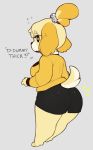  2019 animal_crossing anthro black_nose blonde_hair bottomwear breasts butt canid canine canis clothing domestic_dog female fur grey_background hair isabelle_(animal_crossing) jingle_bell looking_back mammal nintendo open_mouth rear_view shih_tzu short_stack simple_background skirt slightly_chubby tied_hair tight_clothing tiptoes topwear toy_dog tsudanym vest video_games yellow_fur 
