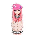  1girl :3 black_sailor_collar black_skirt blush brown_cardigan cardigan closed_mouth collarbone commentary_request copyright_request cowboy_shot flat_cap hands_in_pockets hat hono long_hair looking_at_viewer pink_eyes pink_hair pink_headwear pleated_skirt sailor_collar school_uniform serafuku simple_background skirt solo white_background 