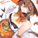  1girl :3 akizone bare_shoulders bat bow breasts brown_eyes candy cat_girl cat_tail cleavage commentary_request eyebrows_visible_through_hair food from_above gloves hair_between_eyes happy_halloween hat holding holding_candy jacket large_breasts looking_at_viewer one_eye_closed orange_bow orange_neckwear original pumpkin simple_background smile solo star tail white_background white_gloves white_headwear white_jacket 