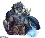  2019 abs accessory anthro biceps brown_fur canid canine canis digital_media_(artwork) fur headband male mammal multicolored_fur muscular muscular_male pecs simple_background tokyo_afterschool_summoners video_games volkv_vseslav wolf wolfmalro 