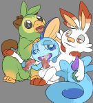  2019 anal anal_penetration balls bodily_fluids cum cum_in_mouth cum_inside cum_on_face cum_on_tongue dildo genital_fluids grookey group group_sex hi_res kaptcha male male/male neoteny nintendo penetration penis pok&eacute;mon pok&eacute;mon_(species) scorbunny sex sex_toy sobble threesome tongue video_games 